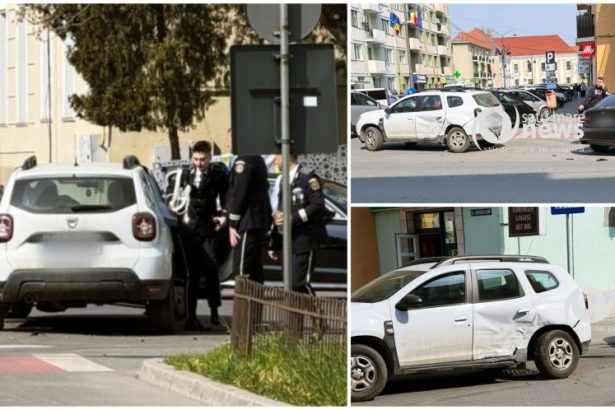 FOTO O masina cu politisti a fost lovita de un BMW chiar in fata sediului Politei Satu Mare
