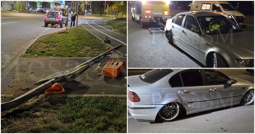FOTOVIDEO Drift esuat Un sofer incepator a distrus un stalp in sensul giratoriu de la Podul Transilvania