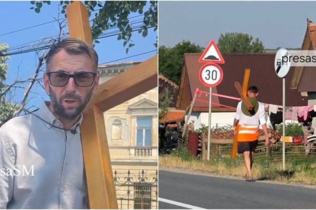 FOTOVIDEO Cine este satmareanul care poarta o cruce in spate prin Satu Mare si de ce reazileaza acest gest