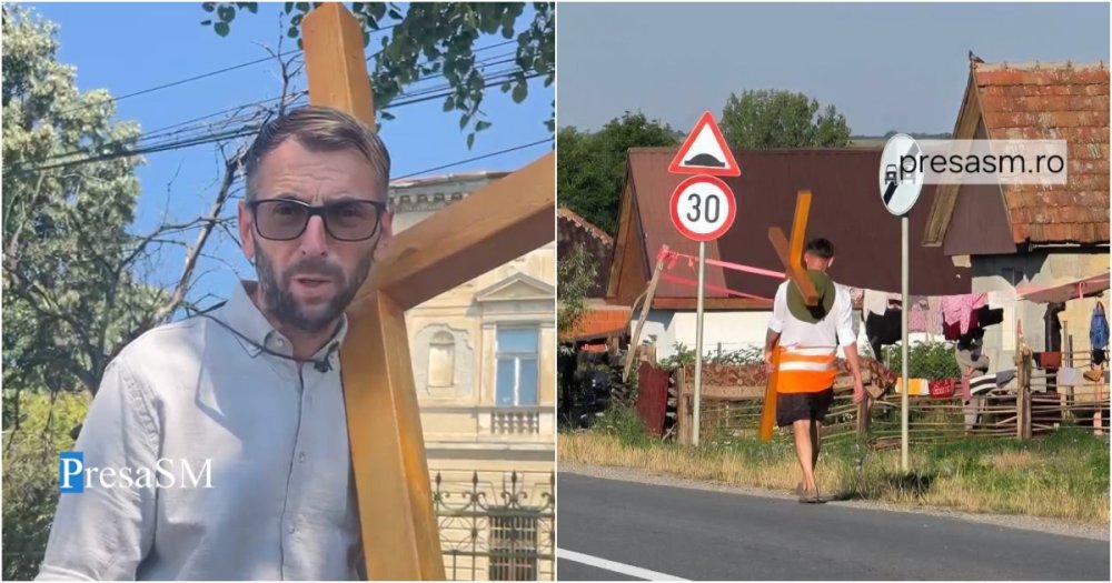FOTOVIDEO Cine este satmareanul care poarta o cruce in spate prin Satu Mare si de ce reazileaza acest gest