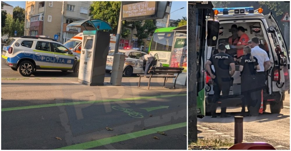 Trei masini de Politie au inconjurat un autobuz in municipiul Satu Mare Ambulanta a sosit la fata locului