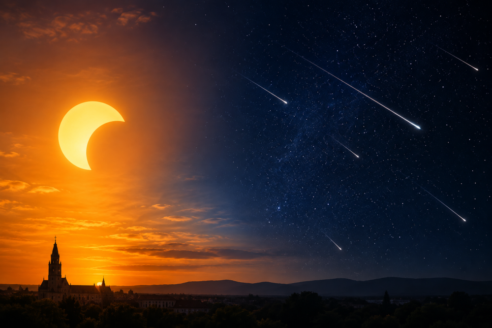 spectacol astronomic rar la satu mare eclipsa partiala de soare si ploaia de meteori perseide in acelasi zi